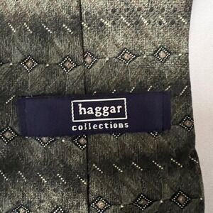 Haggar Collections Mens Silk Tie Olive Green Brown Geometric Diamond Pattern USA